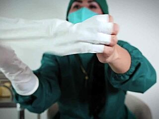 In the hospital, a nurse with latex gloves checks a patient, exploring her fetish.