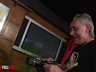 hey, two older guys are fucking that busty blonde from behind