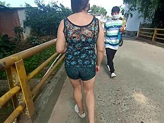 Latina Colombian stepmom's huge cameltoe in shorts on street