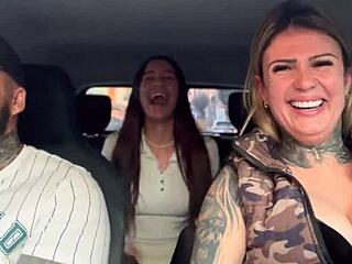 Uber driver fucks 18-year-old silicone passenger and husband in São Paulo car wet pussy