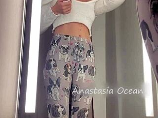 a charming blonde with a firm ass and natural breasts is trying on new lingerie on her naked body in a public fitting room