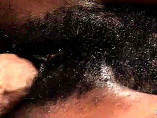 Ebony girl with hairy pussy gets interracial creampie fuck