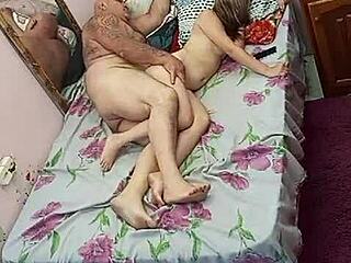 young muscular bodybuilder girl with hairy armpits in lingerie gets pussy eaten by old man