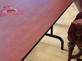 she stomps cum out of his huge cock on the desk