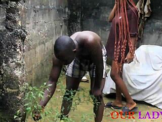 The lucky security man totally fucked the skinny big tit ebony cook hardcore in the backyard