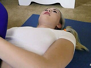 Curvy blonde babysitter in spandex seduces older man while wife is away