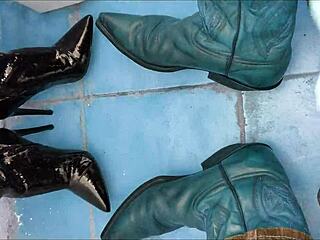 The woman pees on her ankle boots while walking outside in the story