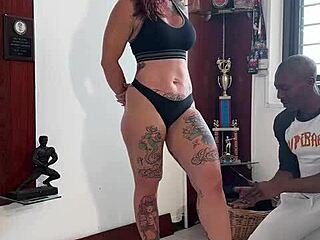 Fit bbc coach rubs me down with oil, i flex for the camera