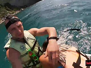 Asian girlfriend gives a blowjob in public on a jetski