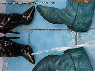 The woman pees on her ankle boots while walking outside in the story