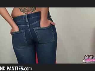 Babe struggles to fit round ass into skinny jeans