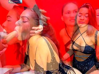 Beautiful girls and milf perform rough blowjobs and deepthroats on colleague