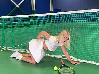 hey check this cute blonde gymnast stripping on the tennis court