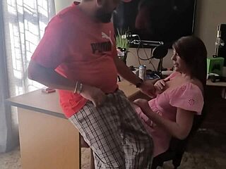 brunette plays with his thick cock teasin her natural tits