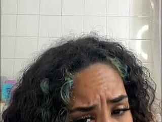 Latina Client Watches Shaved Pussy Ride Dildo in Shower