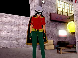 robin busted watching harley quinn halloween hentai flick