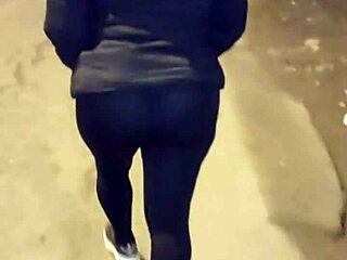 mature curvy exhibitionist flashes huge ass in see-through leggings on public street taboo tease