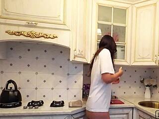 Stepmom bends over kitchen counter for stepson's rough pounding after breakfast prep