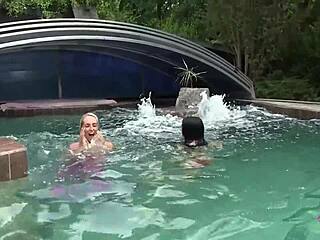 whoa! pretty blonde and busty brunette babes fuck wildly outdoors in pool