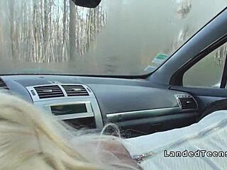 blonde red lips wrapped tight around cock in car