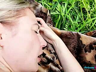 mature russian couple bangs wildly bent over in forest