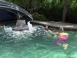 whoa! pretty blonde and busty brunette babes fuck wildly outdoors in pool