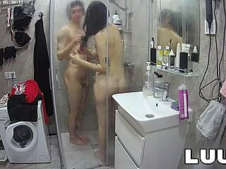 Luuv Alice tattoos flash shaved pussy and natural tits showering with boyfriend voyeur