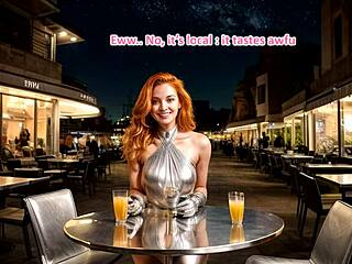 Honeymoon wife struts leather skirt blows in milky outdoor dream