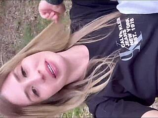 Blonde Brazilian chupa pau sits deep and swallows cum in wild outdoor romp