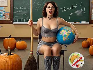 Torcelini'S Halloween Witch Teacher Teases with Broomstick Ride and Tight Pussy Reveal