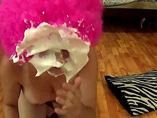 he's pounding my wet pussy doggystyle with this bright pink afro wig on messy facial coming ugh