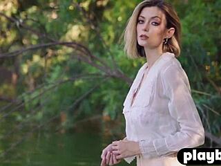 Wet teen model anna lisa strips lingerie outdoors flashing perfect big tits