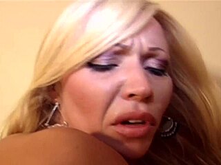 shaved milf blondie rides big black cock in high heels