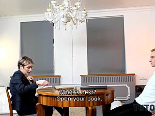 Short-haired tutor cheats with disciple's cock