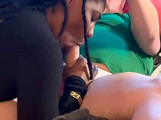 Homemade ebony slut sucks deep then fucks doggystyle white guy hood