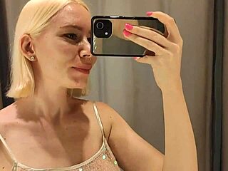Risky public dildo play in fitting room gets intense