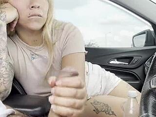 curvy blonde climbs into stranger's car for wet blowjob and facial cum swallow on street