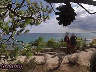 dick flash on beach path 😏 french girl grabs it and makes me cum in her mouth - caught!🌊💦