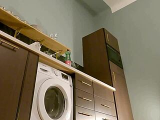 Wow hot brunette in kitchen bra panties drops undies under miniskirt to flash shaved pussy!