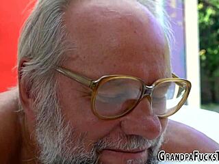 Teen masseuse sucks grandpas cock then takes group pounding