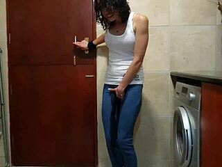 Pisswhore Soaks Jeans Peeing While Smoking and Stripping Hot!