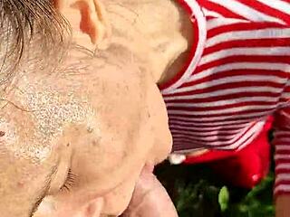 summer day slobbery blowjob fills her wet mouth with hot cum