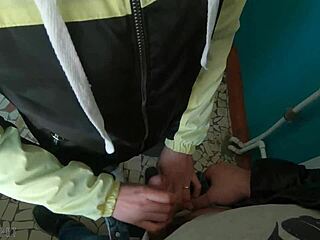 teen swallows huge load after risky public staircase blowjob