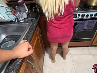 my blonde stepmom and i chat in kitchen then fuck hard on counter