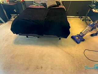 uh just vacuuming my bedroom as brunette housewife with natural tits