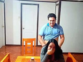 Stepmother surprised bent over dining table for rough morning sex