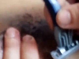 Hairy pussy tempts with masturbation then shaved creampie finish