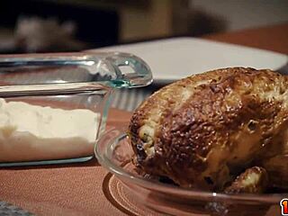 bon appétit! 😋 milf juliet russo licks cum-glazed chicken then her young stepson's cock in kitchen