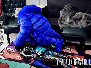 Kigurumi mummified in 3 layers tape bondage catsuit - latex femdom thrill!