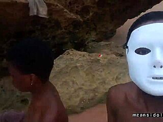 Slim ebony couple wet pussy beach sex vacation tight pounding